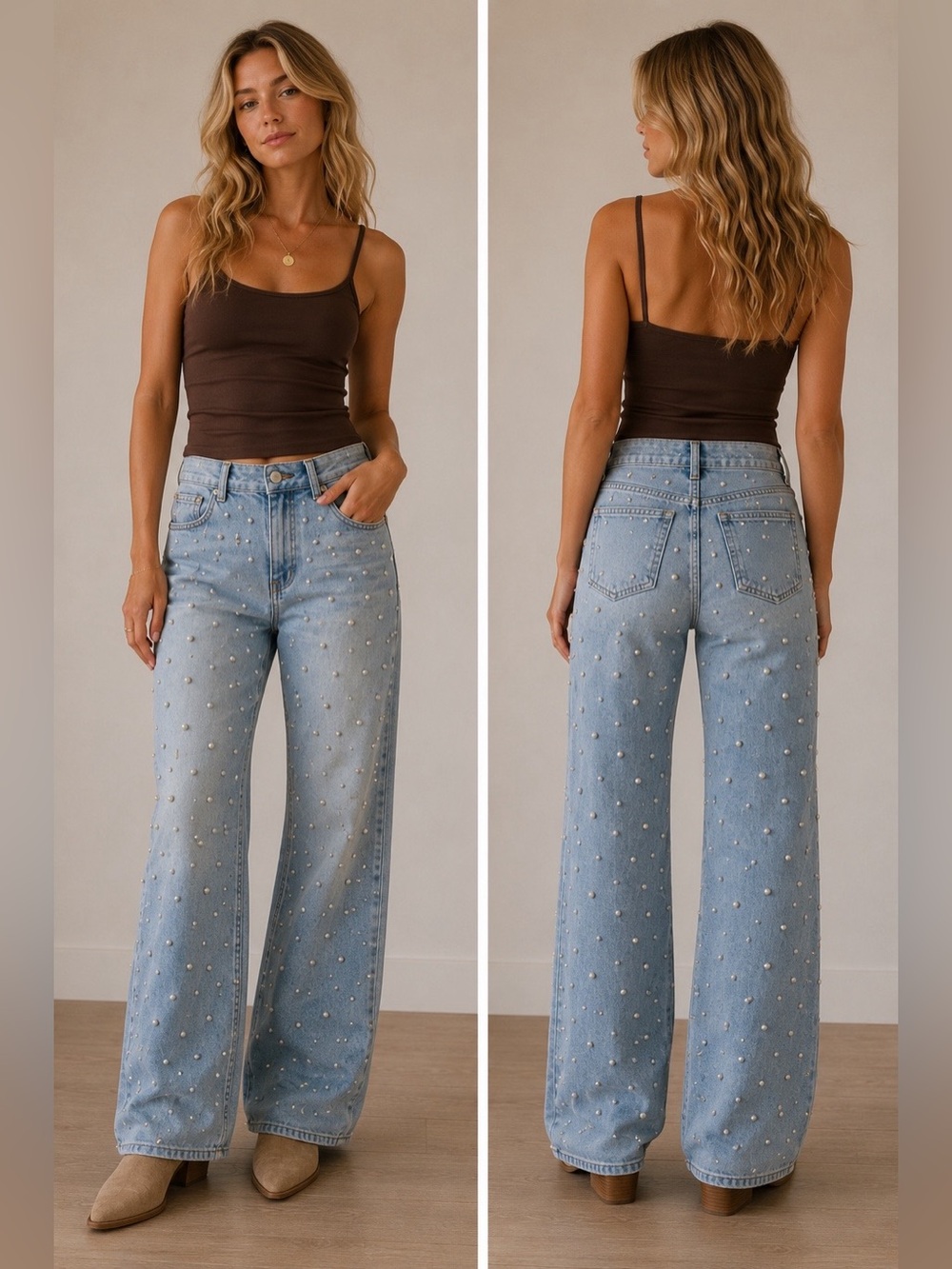 AKIRA Light Blue Pearl Studded Flare Jeans